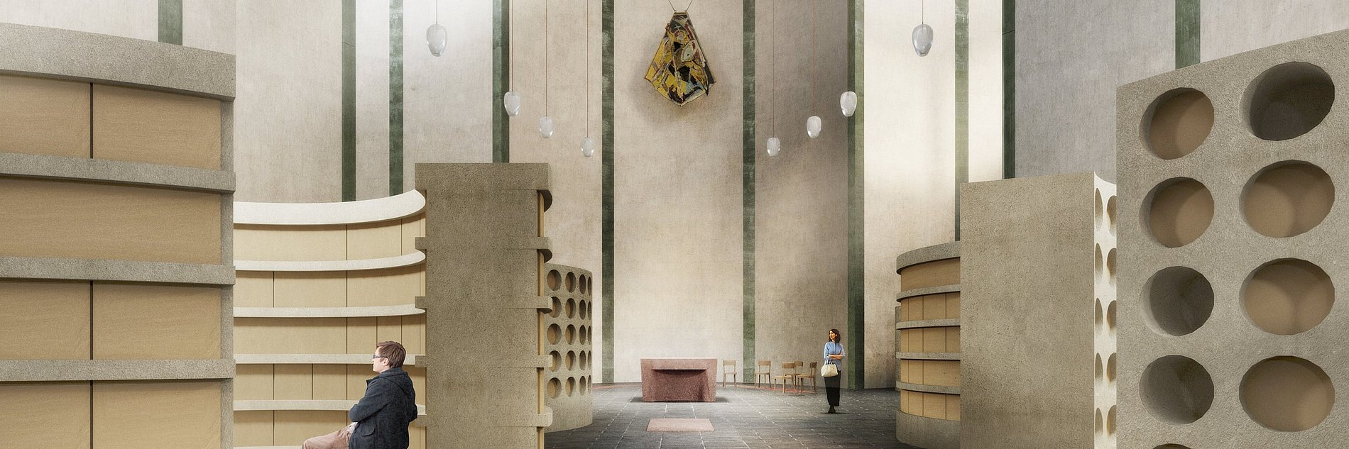 Plan Simulierter Einblick in die Kirche vom Eingang aus mit eingebauten Urnenwänden